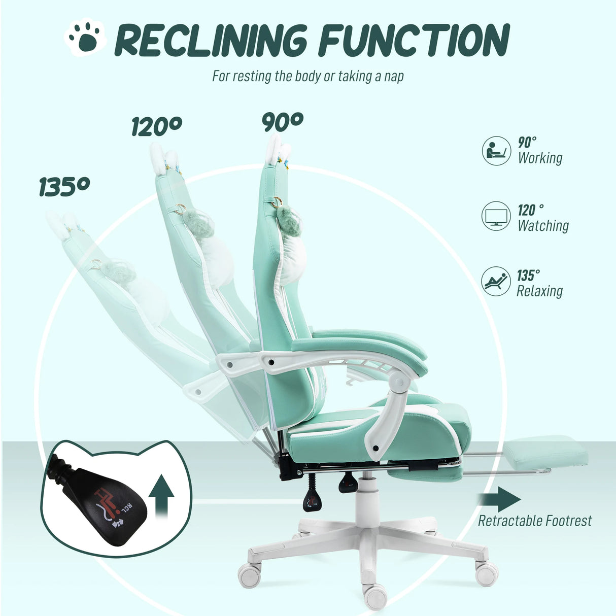 HOMCOM Cat Ear and Paw Reclining Office Chair, with Footrest - Light Blue/White
