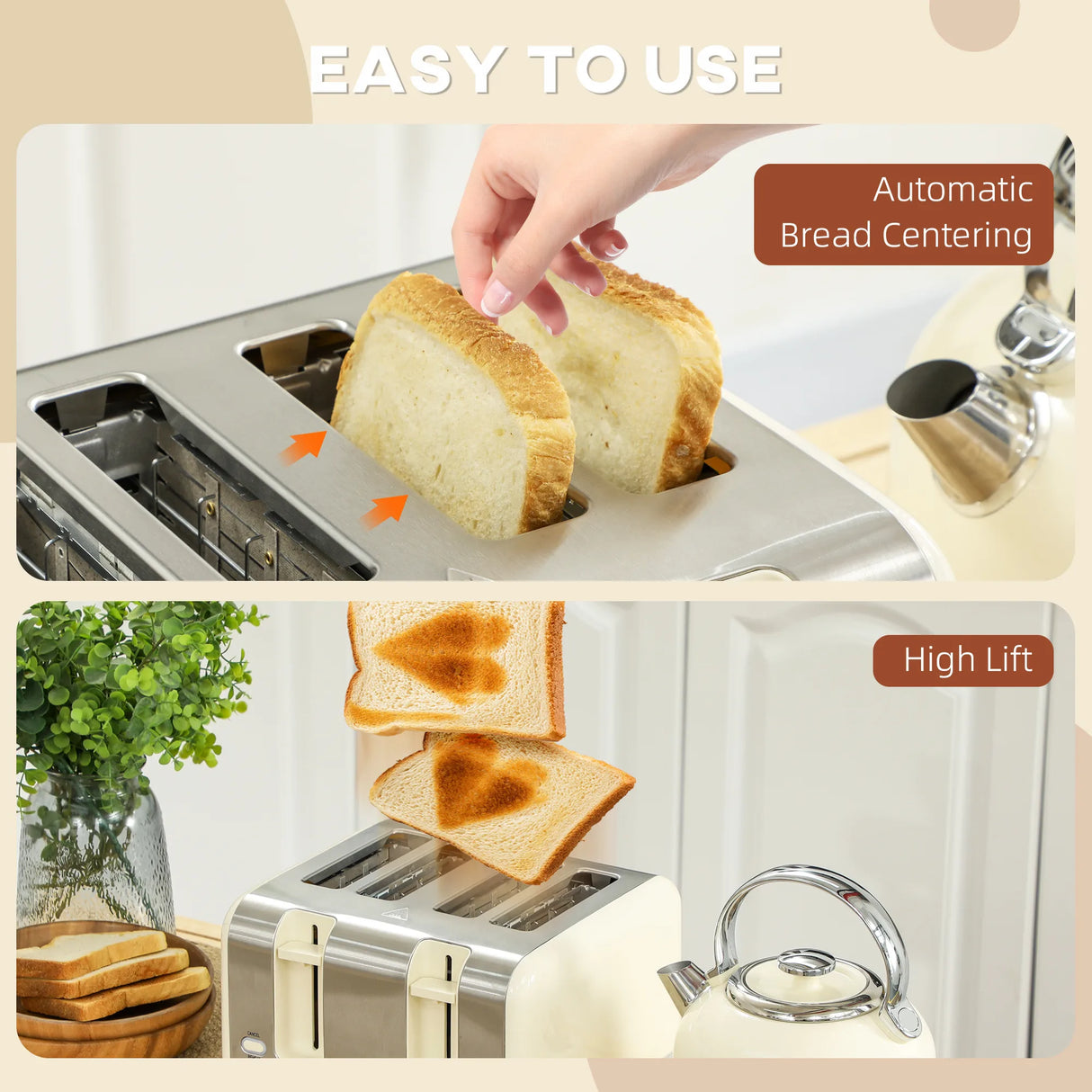 HOMCOM Polished Stainless Steel Kettle and Toaster Set - Cream