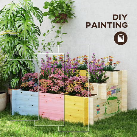 Outsunny 117cm x 100cm x 54cm 3 Tier Raised Garden Bed 376L Fir Wood Elevated Planter Flower Box with 9 Grow Grids and Non-woven Fabric for Vegetables, Flower, Herb Outdoor Indoor Use