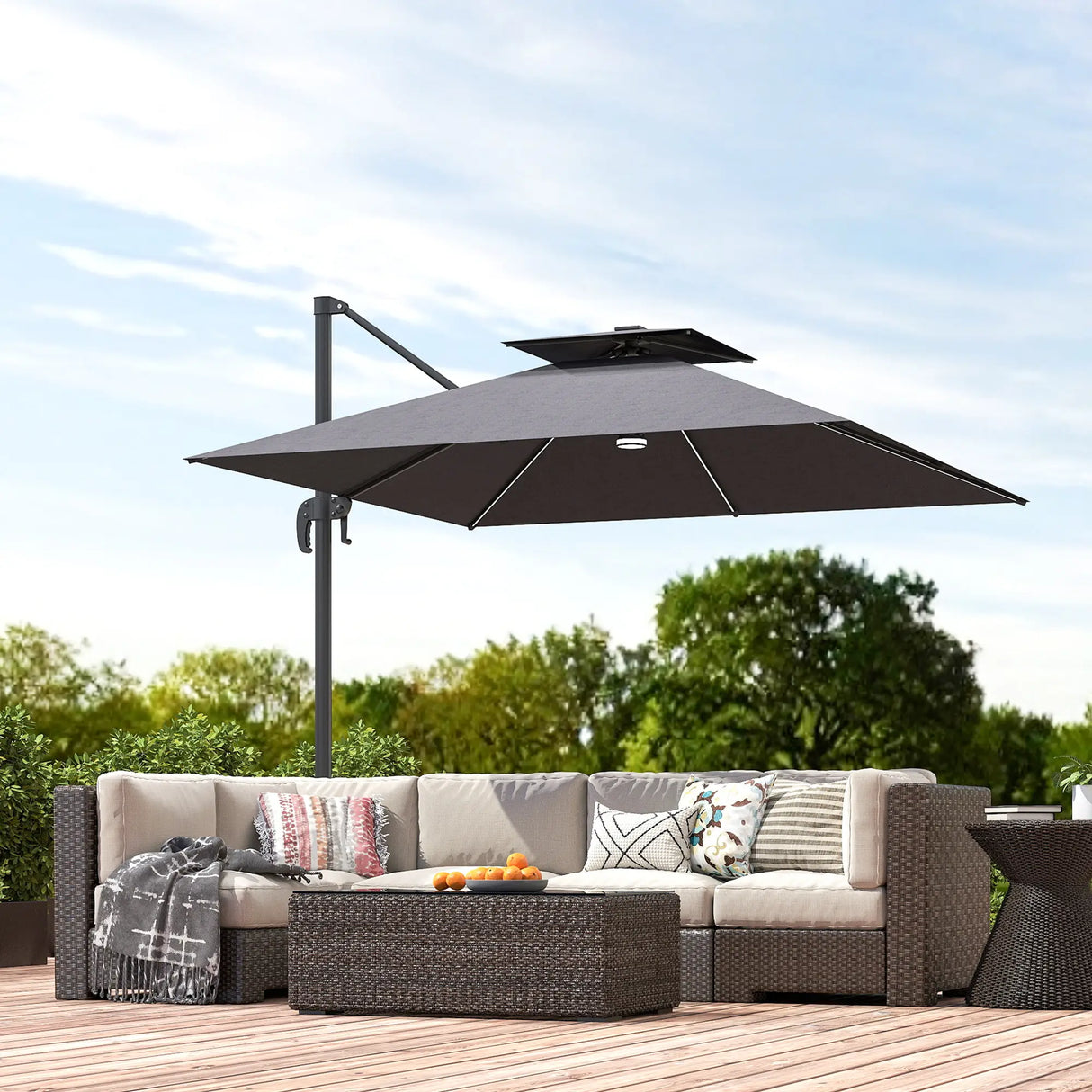 Outsunny 2.5m Cantilever Parasol with Solar Powered LED Lights, 360 Rotation, Tilt Adjustment, Crank Handle, Dark Grey