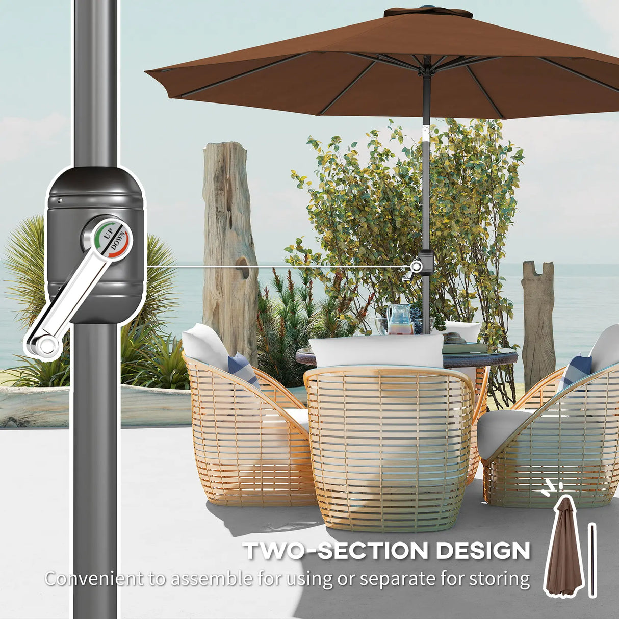 Outsunny 3(m) Tilting Parasol Garden Umbrellas, Outdoor Sun Shade with 8 Ribs, Tilt and Crank Handle for Balcony, Bench, Garden, Coffee
