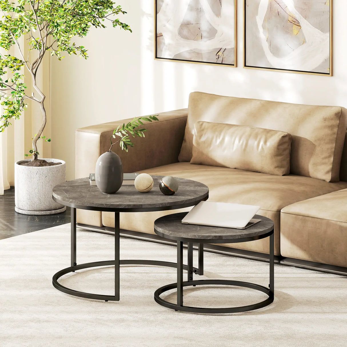 HOMCOM Industrial Nesting Coffee Table Set of 2, Round Coffee Tables, Living Room Table with Faux Marbled Top and Steel Frame