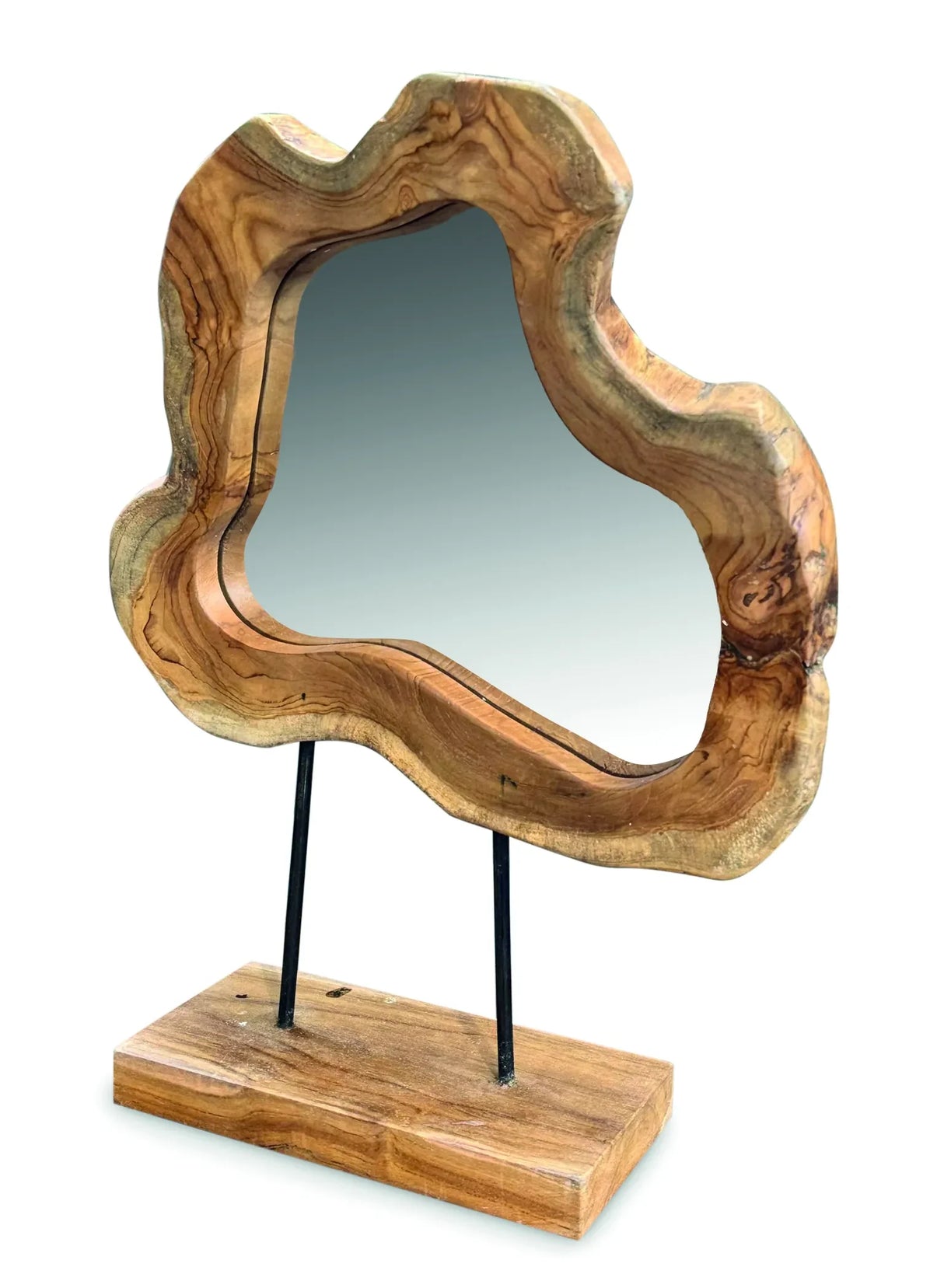 TEAK TREE SLICE MIRROR ON STAND SMALL