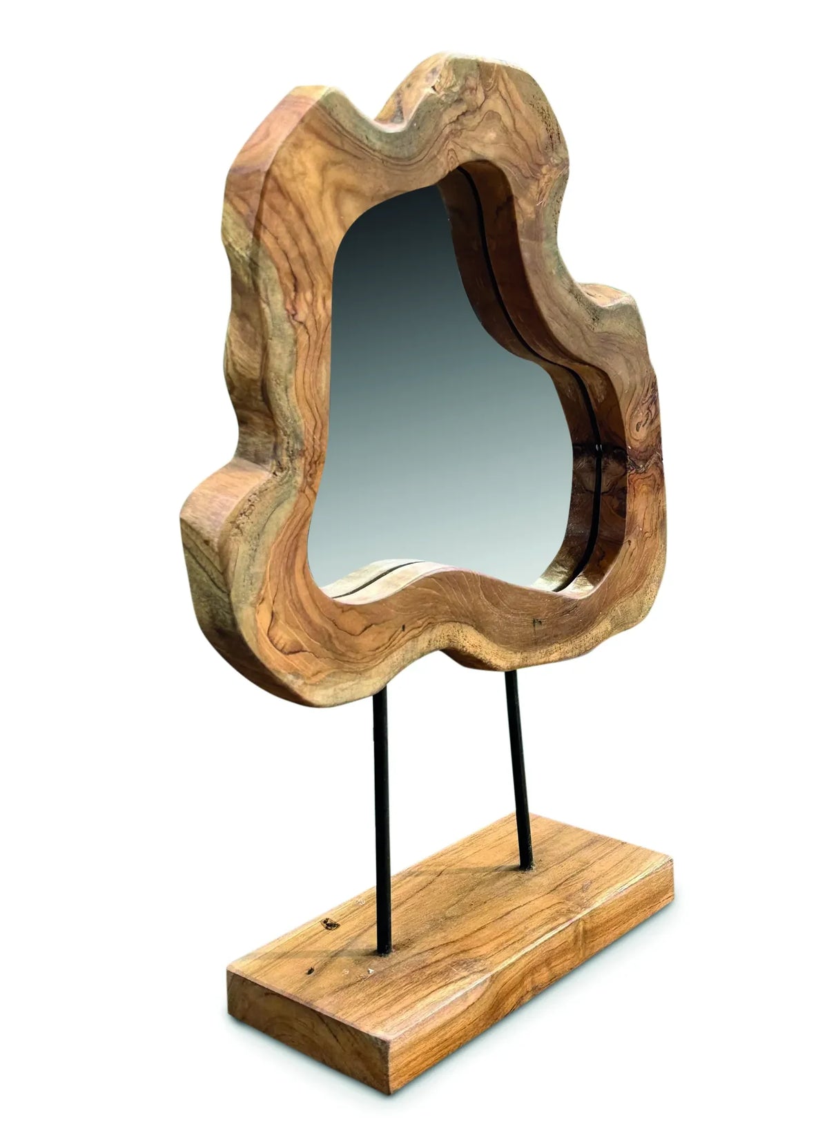 TEAK TREE SLICE MIRROR ON STAND SMALL