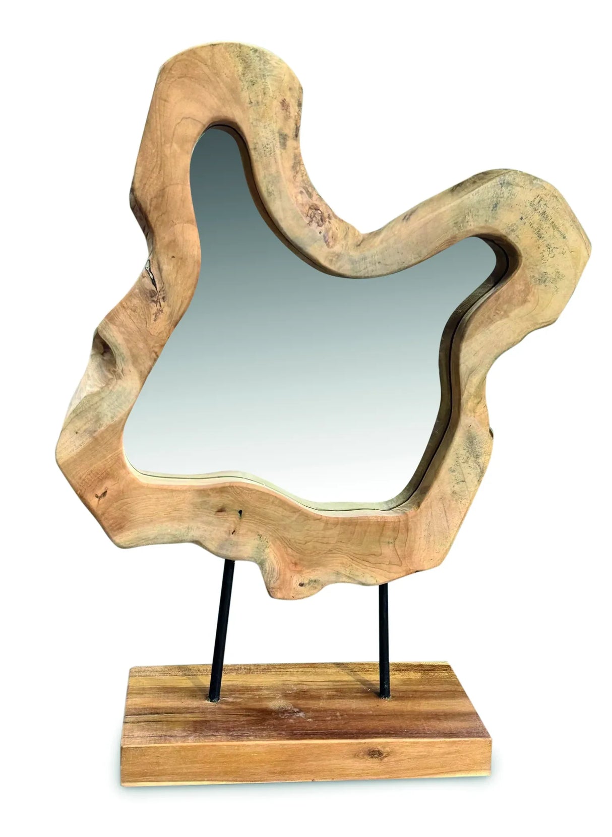 TEAK TREE SLICE MIRROR ON STAND SMALL