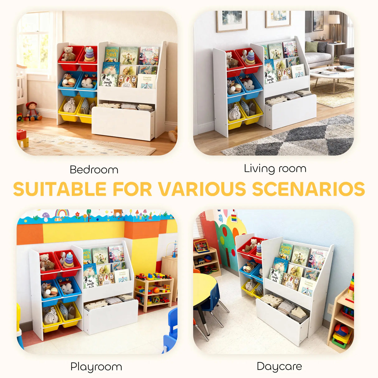 AIYAPLAY Toy Storage Unit, 3-Tier Toy Organiser Shelf with 6 Removable Storage Bins for Bedroom, Nursery, Multicoloured