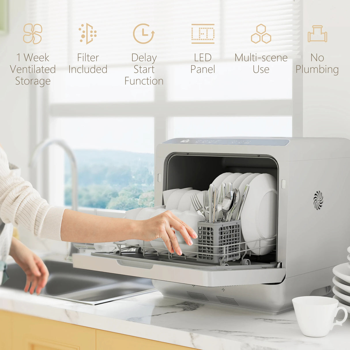 HOMCOM Table Top Dishwasher with Built-in 6L Water Tank, Mini Countertop Dishwasher with 6 Programs, 4 Place Settings, Silver Tone