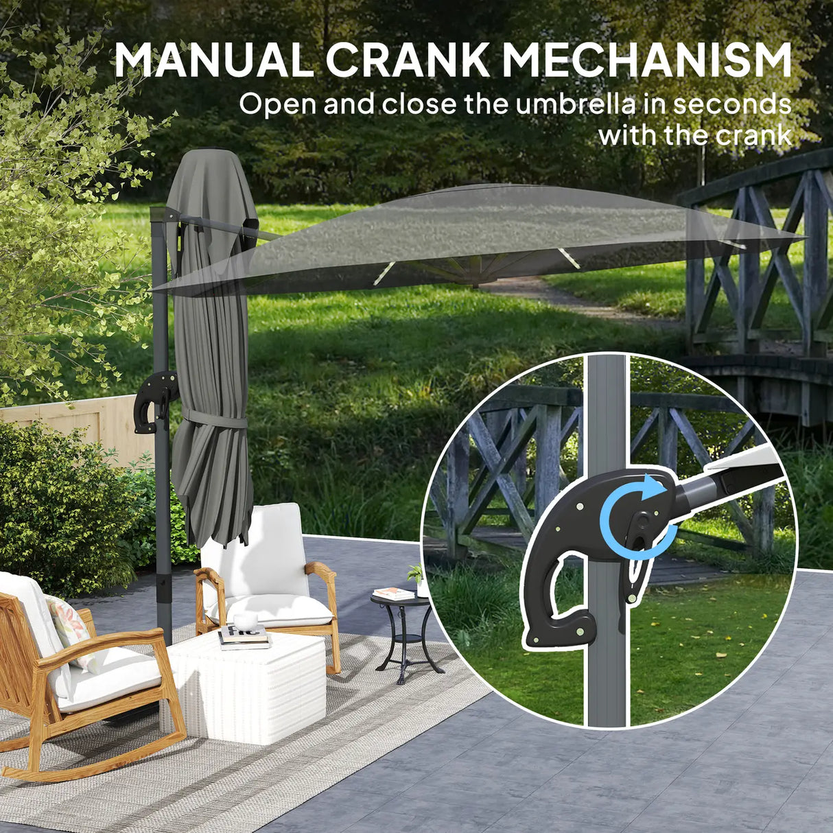 Outsunny 3(m) Cantilever Garden Parasol with Solar Powered Lights, Crank Handle & Cross Base, UPF 50+, 360 Rotation, Dark Grey