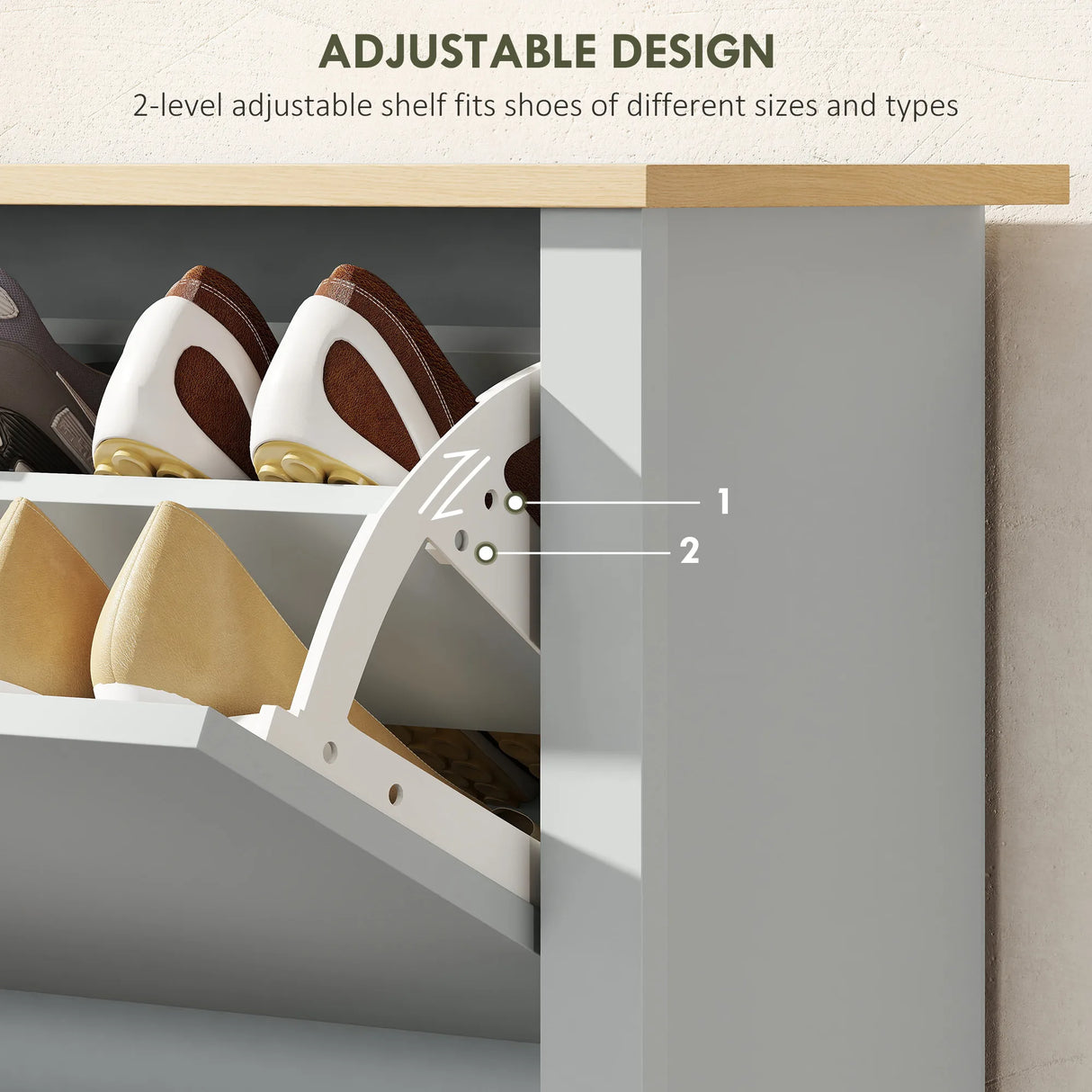 HOMCOM Slim Shoe Cabinet, Narrow Shoe Cupboard with 2 Flip Drawers, Adjustable Shelves for 12 Pairs of Shoes, Light Grey