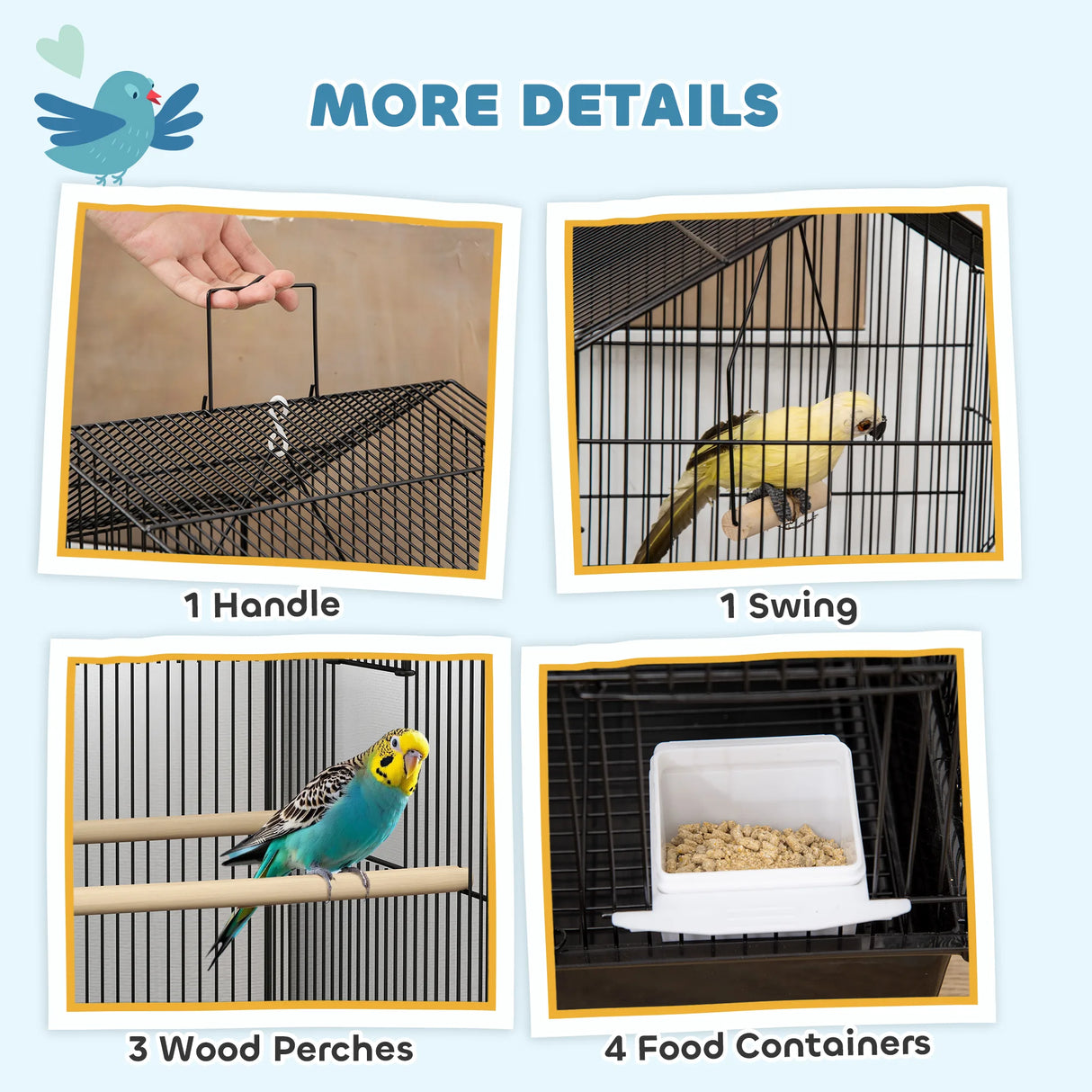 PawHut Metal Bird Cage with Plastic Swing, Perch, Food Container, Tray, Handle, for Finches, Canaries, 43 x 32.5 x 104cm
