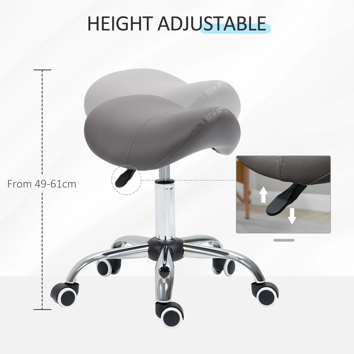 HOMCOM Cosmetic Stool 360 Rotate Height Adjustable Salon Massage Spa Chair Hydraulic Rolling Faux Leather Saddle Stool, Grey