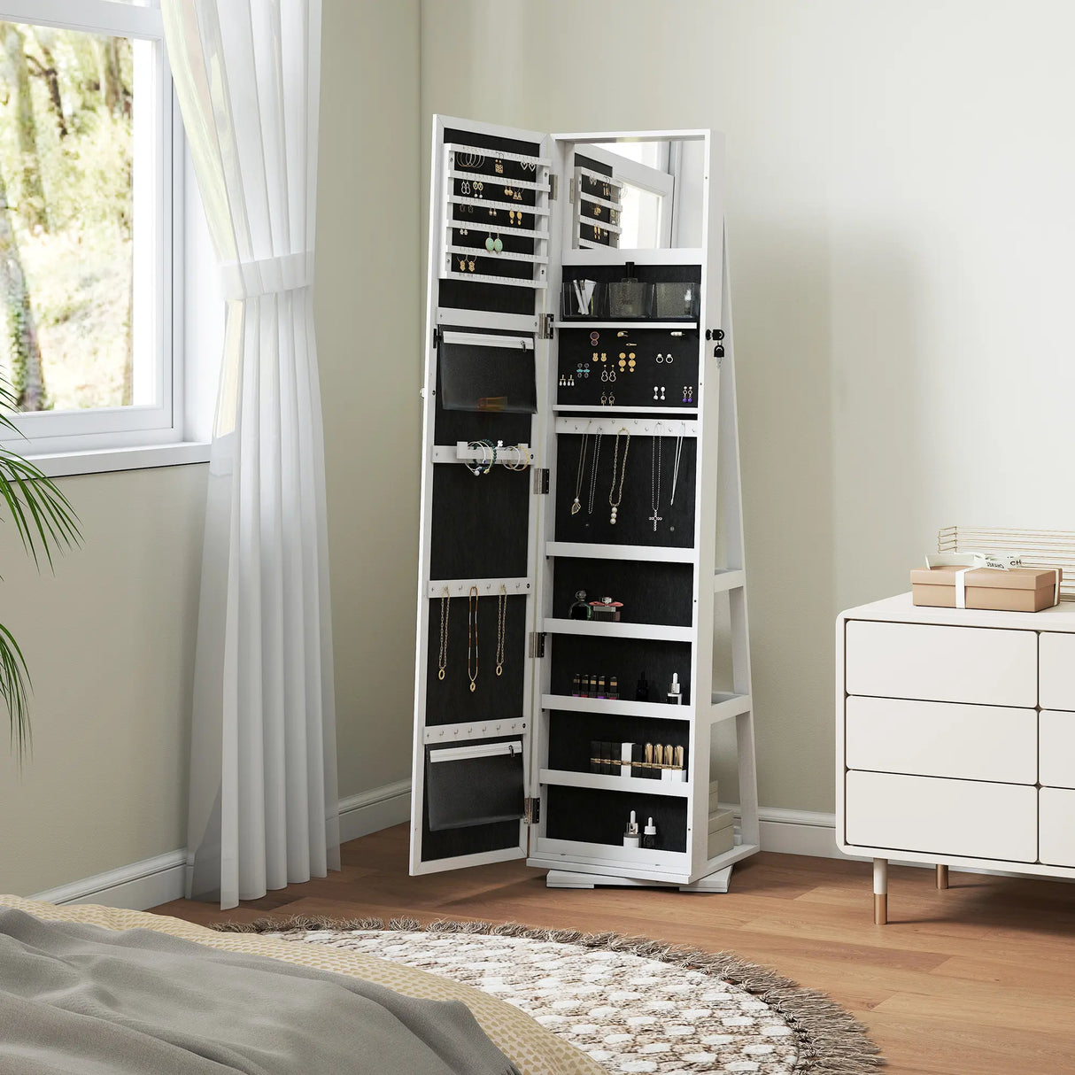 HOMCOM 360 Swivel Jewellery Cabinet, Free Standing Full Length Mirror with Storage, Lockable Jewellery Organiser with Built-in Makeup Mirror and Storage Shelves for Bedroom, White
