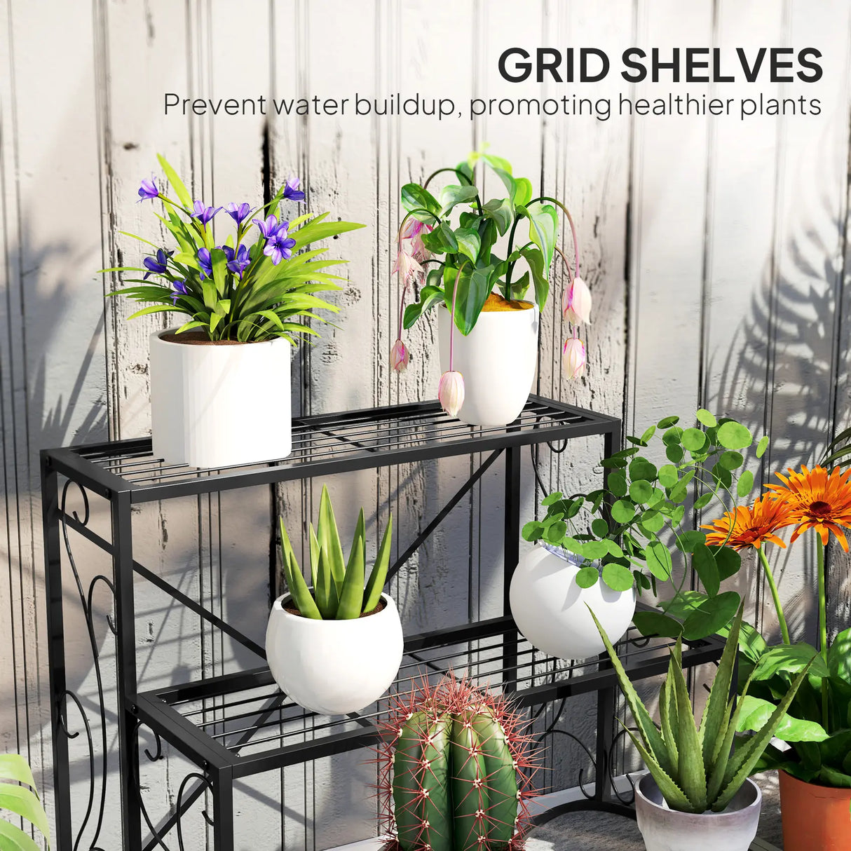 Outsunny Three-Tier Decorative Metal Plant Stand - Black