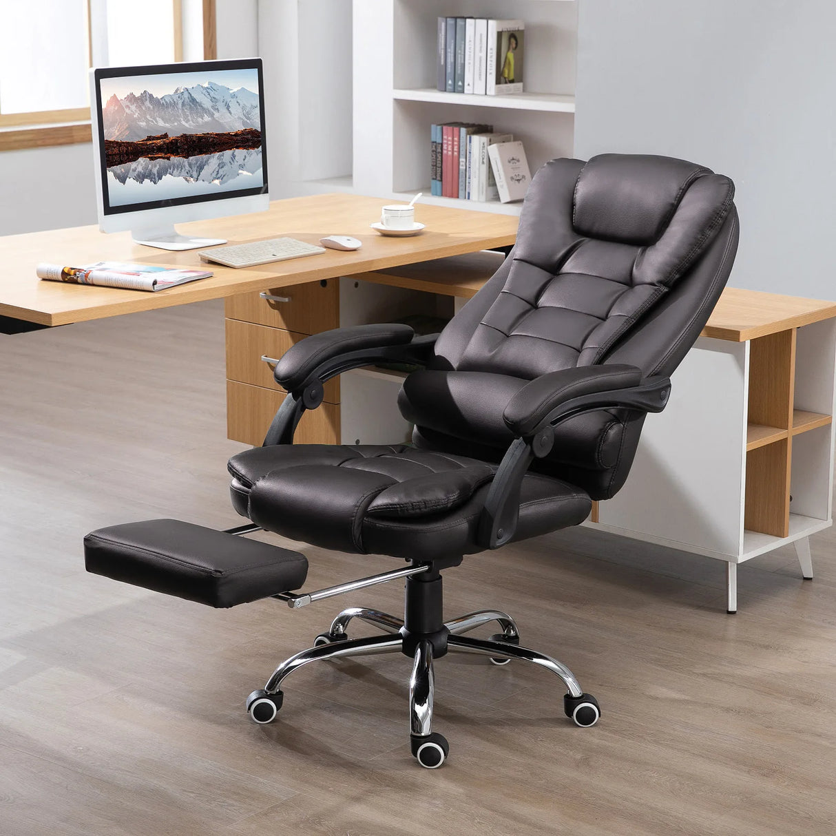 HOMCOM PU Leather Executive Office Chair, High Back Swivel Chair with Retractable Footrest, Adjustable Height, Reclining Function, Brown