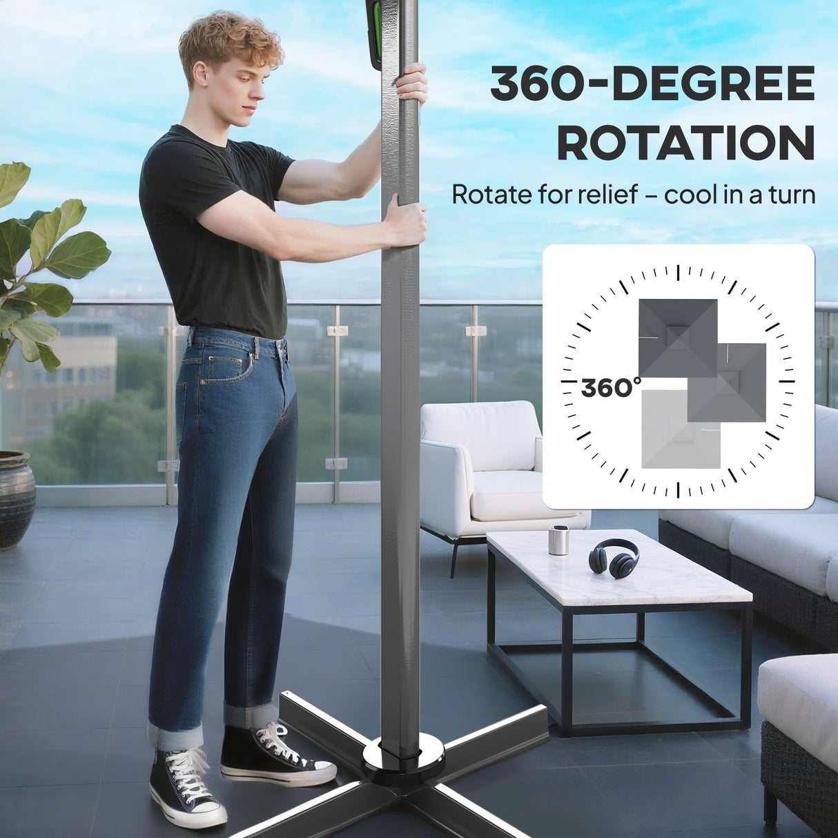 Outsunny 3(m) Garden Cantilever Parasol with Solar LED Lights, Cross Base, 360 Rotation, Crank Handle and Tilt, Grey