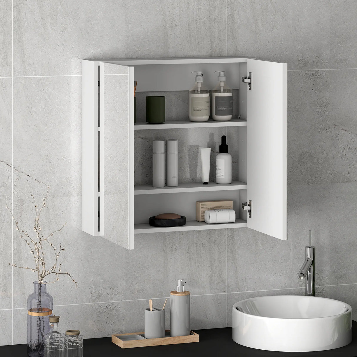 HOMCOM 60 x 15 cm Double Door Bathroom Mirror Cabinet - White