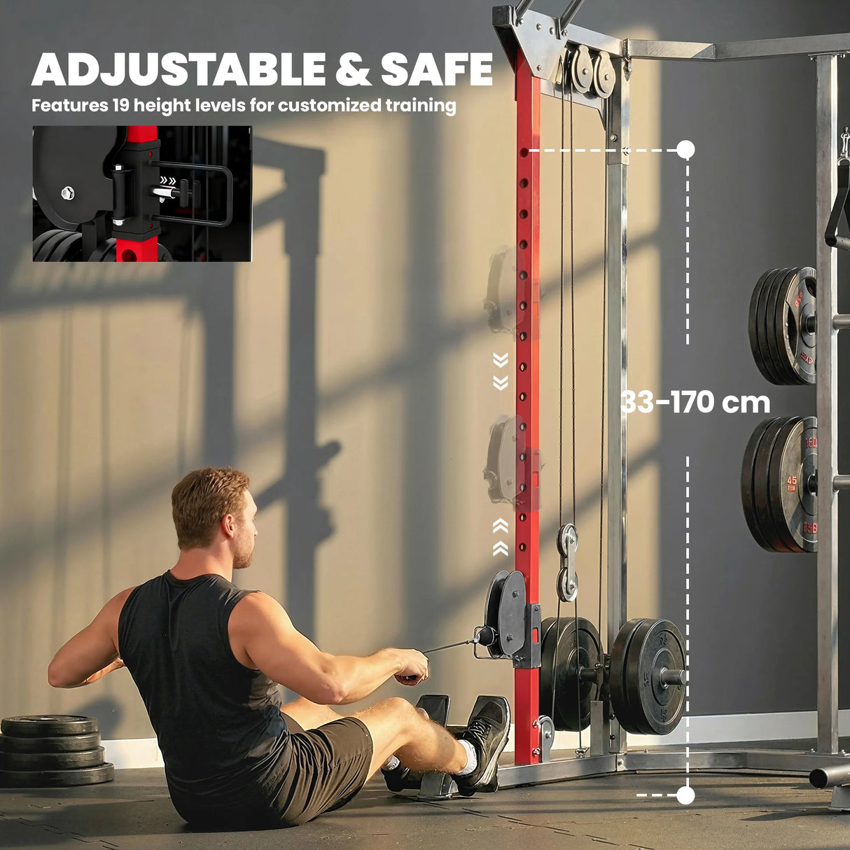 SPORTNOW Power Cage Smith Machine, Power Rack with Adjustable Cable Pulley System, Pull-Up Bar, Dip Station, Landmine