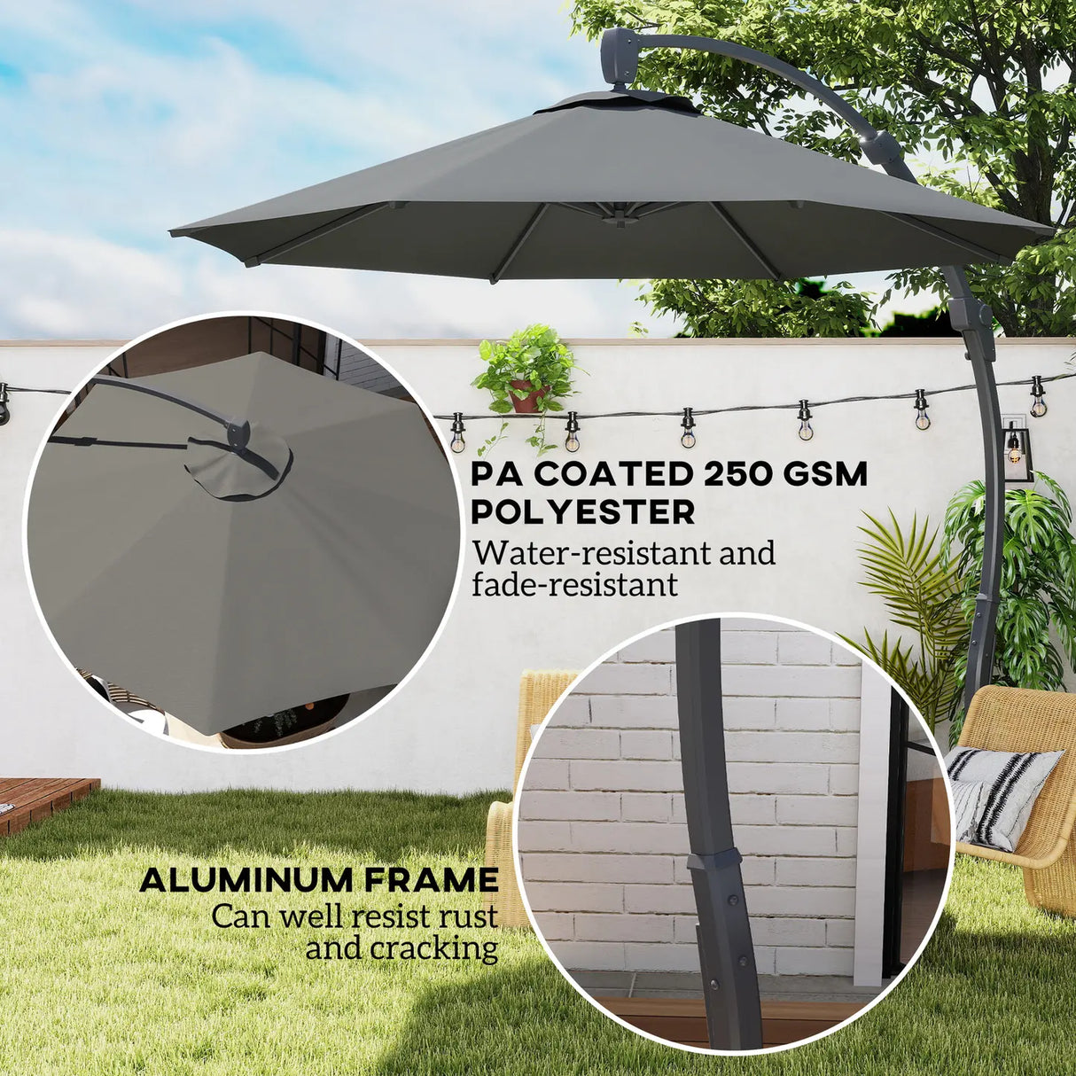 Outsunny 3(m) Garden Cantilever Parasol, Round Overhanging Umbrella with Crank Handle, Cross Base, Aluminium Frame and 360 Rotation, Banana Patio Umbrella for Outdoor Sun Shade, Grey