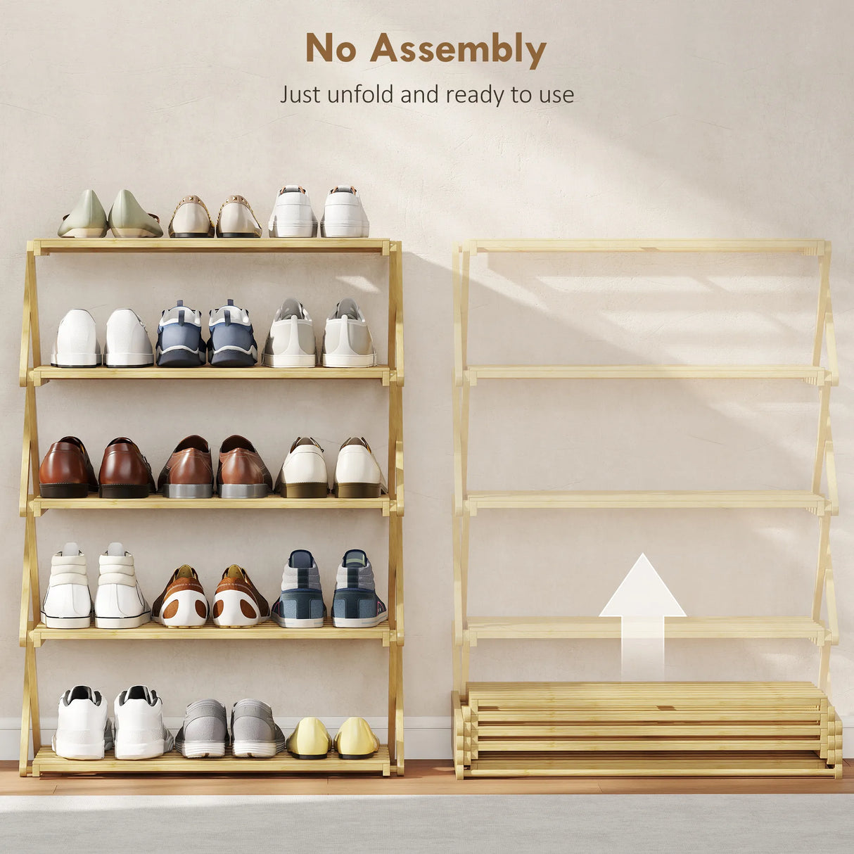 HOMCOM Five-Tier Folding Bamboo Shoe Rack - Natural Finish