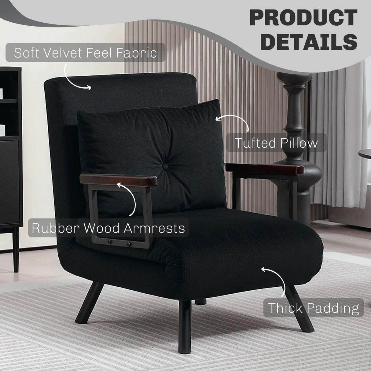 HOMCOM 4-in-1 Velvet-Feel Single Chair Bed, with Pillow - Black