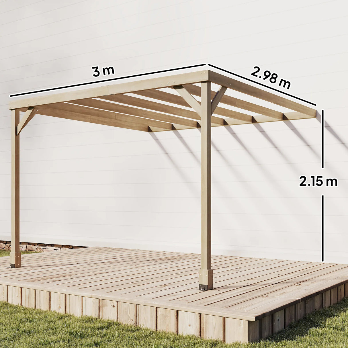 Outsunny Lean-To Wooden Pergola Kit, Decorative Garden Gazebo with Stable Structure and Concrete Anchors, 3 x 3 m, Light Brown