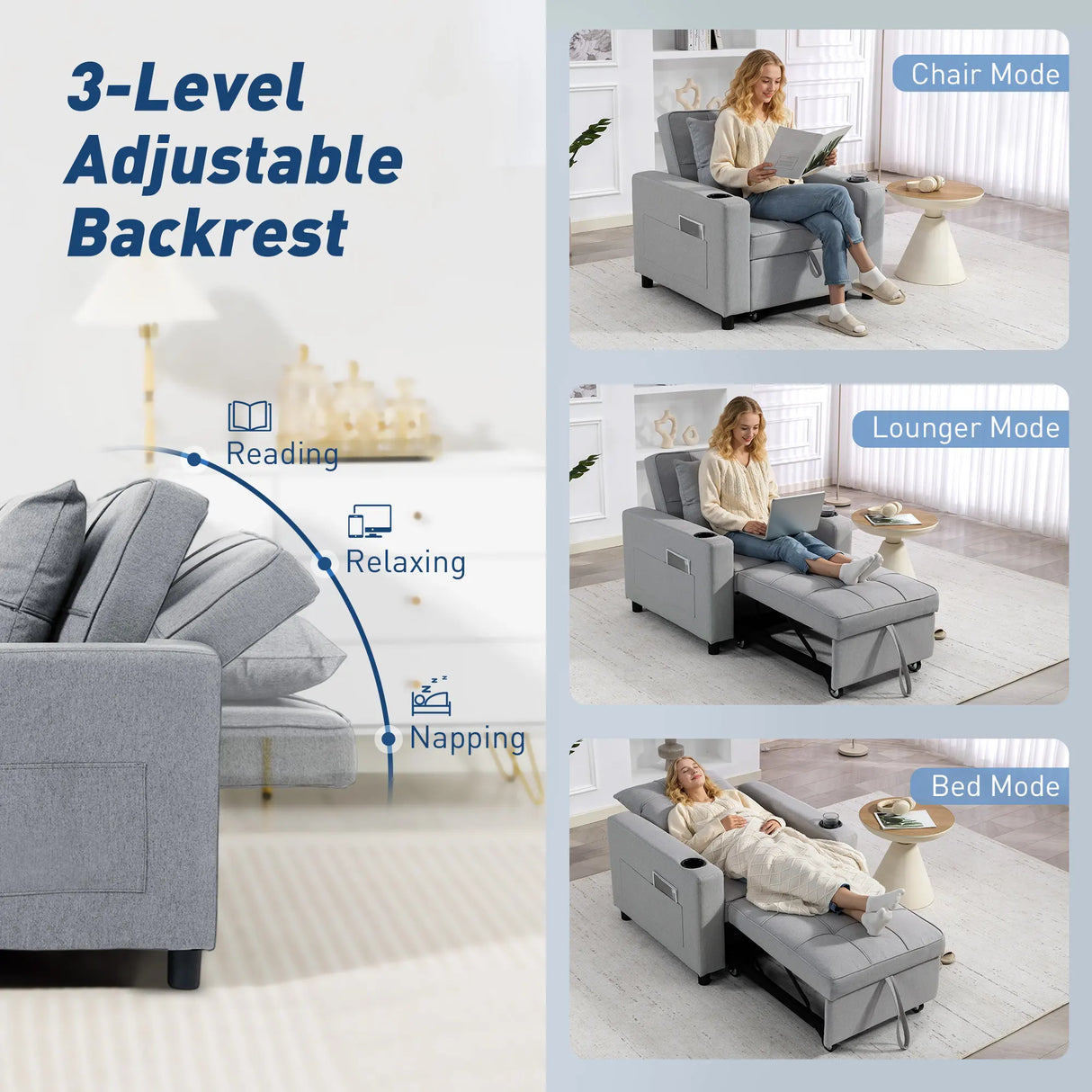 HOMCOM 3-in-1 Single Sofa Bed, Convertible Sleeper Chair Bed - Light Grey