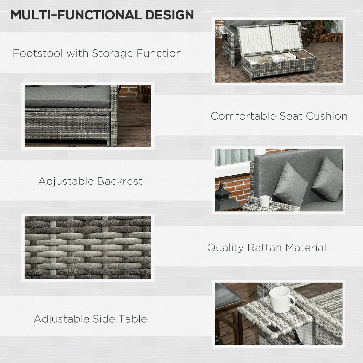 Outsunny Rattan Garden Daybed, Assembled Double Sun Lounger with 5-Level Adjustable Back, Storage Ottoman, Cushions, Pillows and Retractable Trays, Outdoor Loveseat Sofa Bed for Patio, Mixed Grey