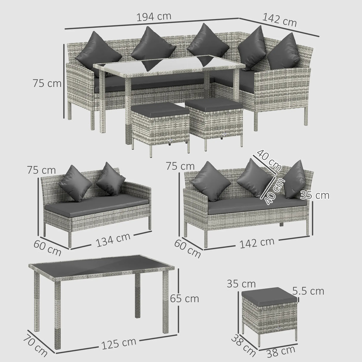 Outsunny tsunny 6-Seater Rattan Dining Set Sofa Table Footstool Outdoor w/ Cushion Garden Furniture, Dark Grey