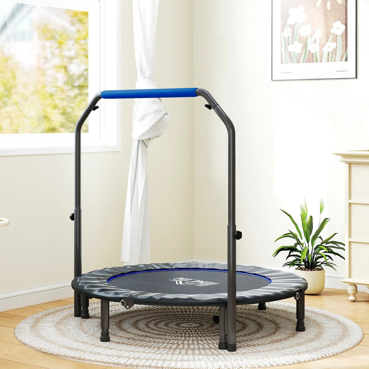HOMCOM 48" Foldable Mini Fitness Trampoline, with Adjustable Foam Handle, Blue