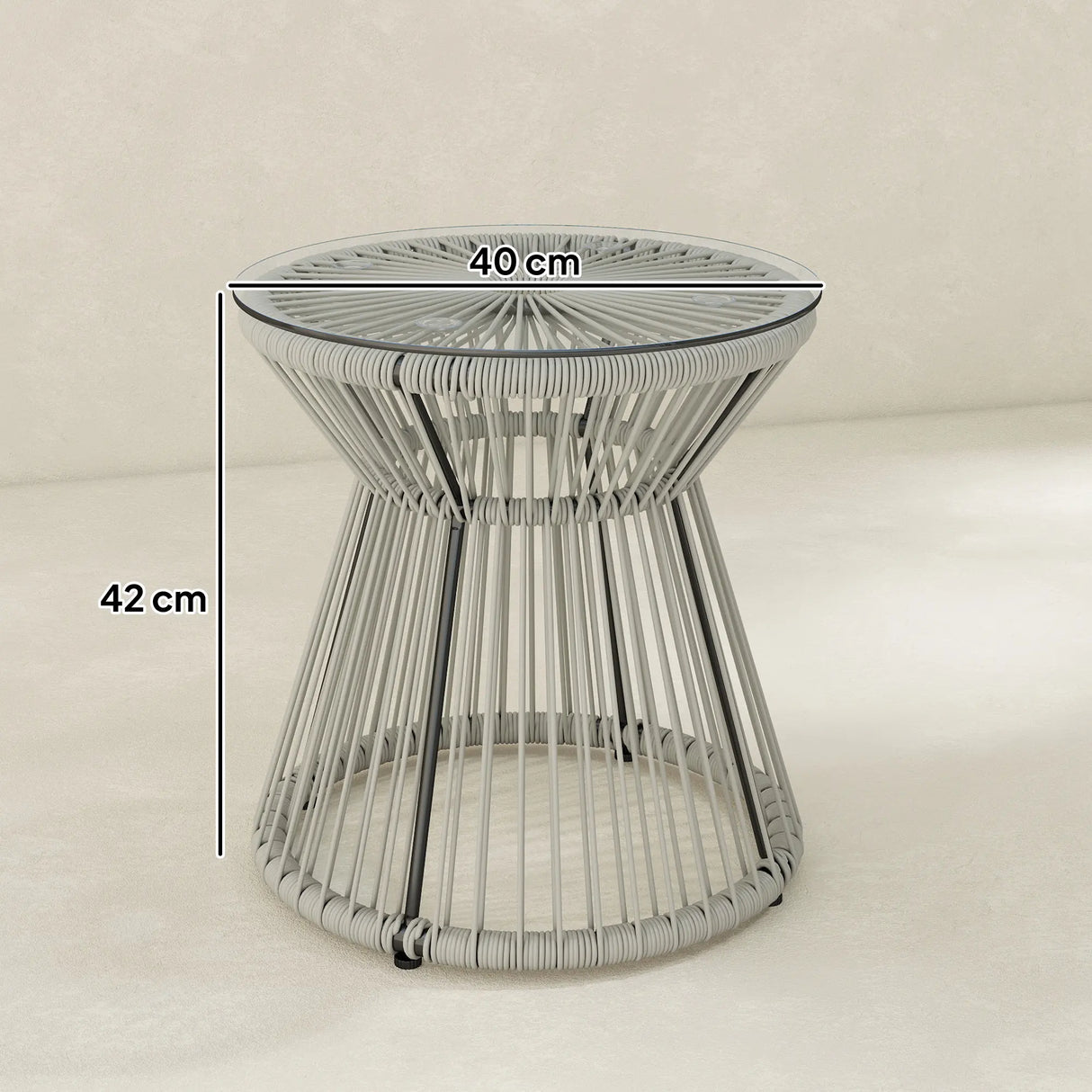 Outsunny Rattan Outdoor Coffee Table, PE Rattan Wicker Bistro Side Table with Tempered Glass Top, Light Grey