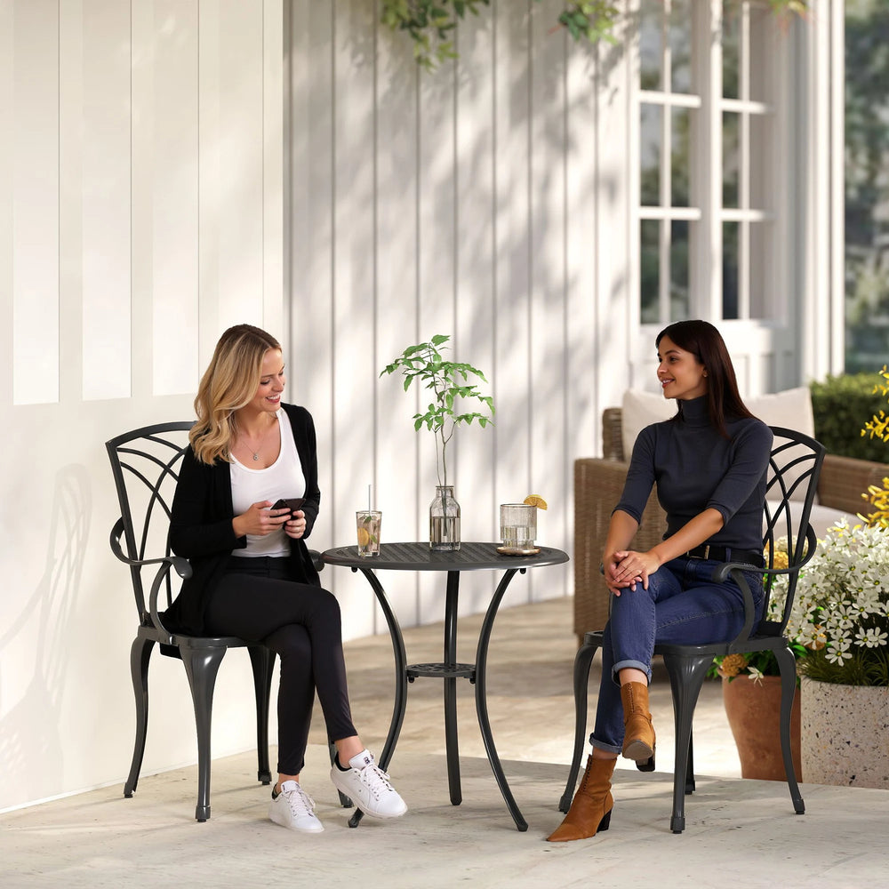 Outsunny 3 Pieces Garden Dining Set for 2, Cast Aluminium Outdoor Dining Set with 2 Armchairs and Round Dining Table with Parasol Hole, Garden Furniture Set, Brown