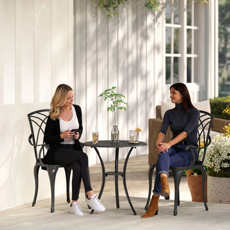 Outsunny 3 Pieces Garden Dining Set for 2, Cast Aluminium Outdoor Dining Set with 2 Armchairs and Round Dining Table with Parasol Hole, Garden Furniture Set, Brown