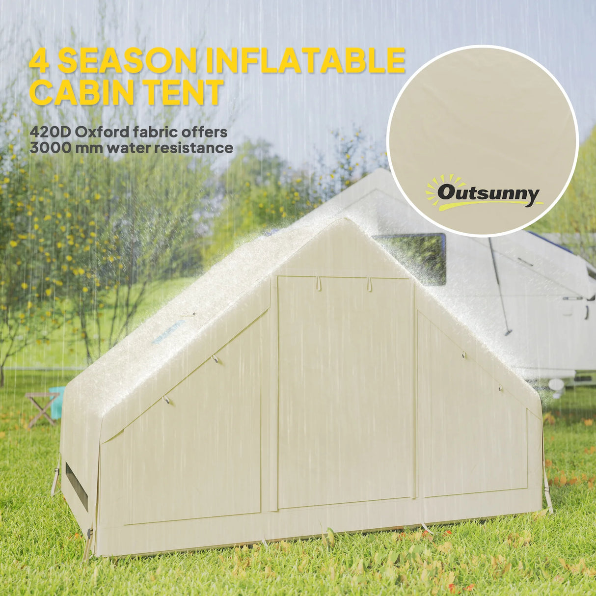 Outsunny Inflatable Camping Tent with Pump and Stove Jack Hole, Easy Setup 2-4 Person Blow Up Tent, Waterproof Luxury Inflatable Tent with Mesh Windows, Doors, Hook and Carry Bag, Beige