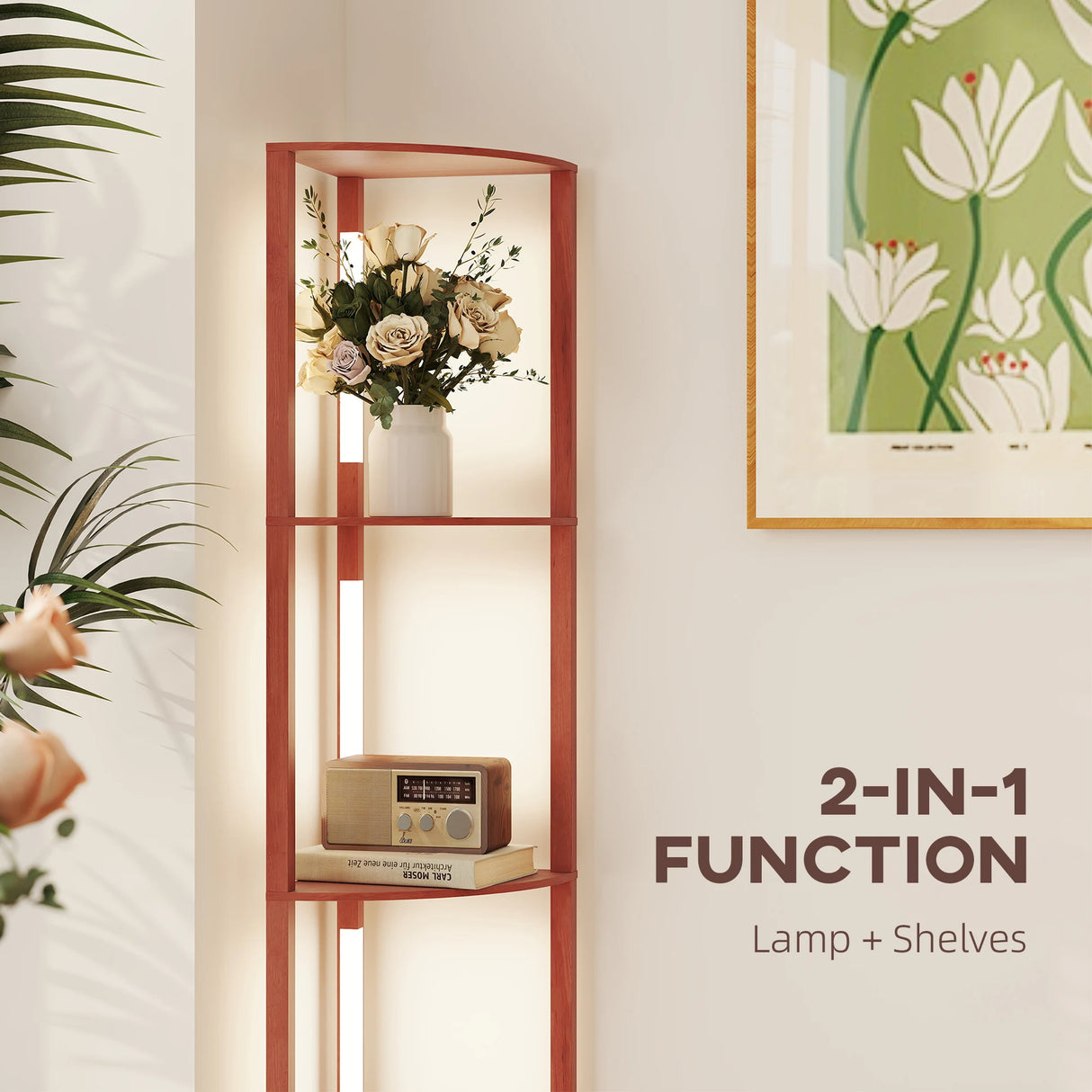 HOMCOM Corner Floor Lamp for Living Room Bedroom with Dimmable Warm White LED Light, Modern Tall Standing Lamp, Brown