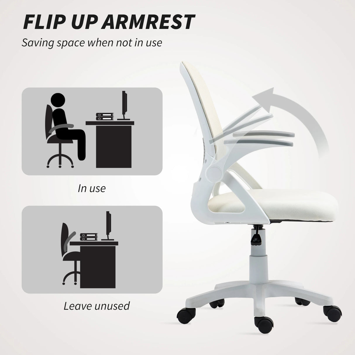 HOMCOM Breathable Mesh Office Chair, Ergonomic Swivel Computer Chair with Flip-up Armrests, Lumbar Back Support for Home/Office, White