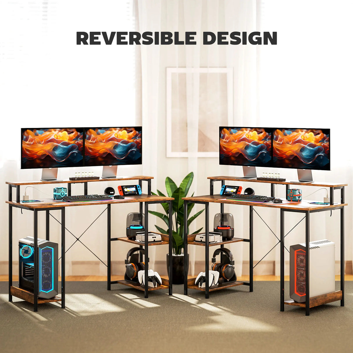 HOMCOM LED Computer Desk, with Power Outlets and Shelves - Rustic Brown