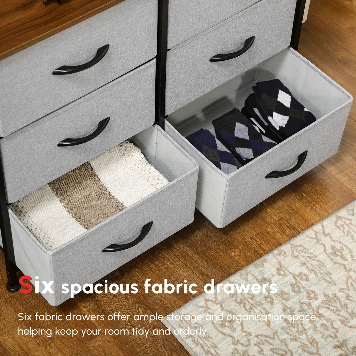 HOMCOM Fabric Chest of Drawers, Storage Drawers, Industrial Bedroom Dresser with 6 Fabric Drawers, Steel Frame and Wooden Top for Nursery, Living Room, Hallway, Grey