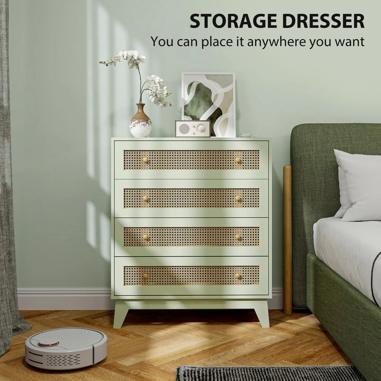 HOMCOM Chest of Drawers, 4-Drawer Storage Organiser Unit with Rattan Element for Bedroom, Living Room, Light Green
