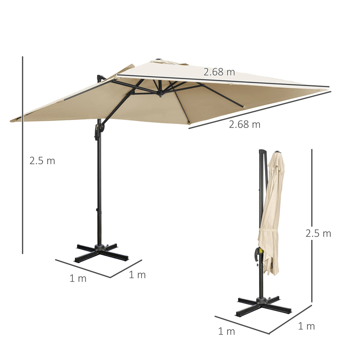 Outsunny 2.7 x 2.7 m Cantilever Parasol, Square Overhanging Umbrella with Cross Base, Crank Handle, Tilt, 360 Rotation and Aluminium Frame, Cream White