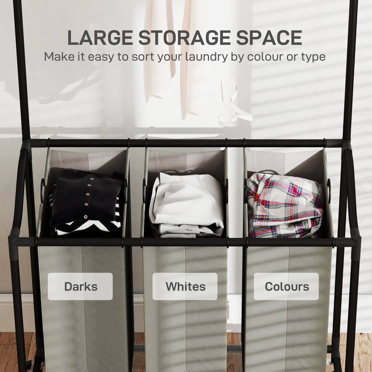 HOMCOM 3x 42L Laundry Basket Unit, with Hanging Rail - Black/Grey