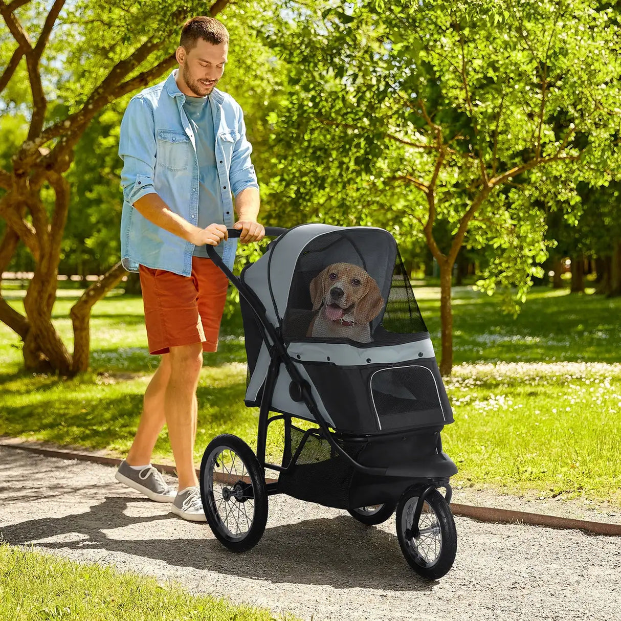PawHut Foldable Pet stroller, Dog Buggy with Three Wheels, for Small/Medium Dogs, Grey