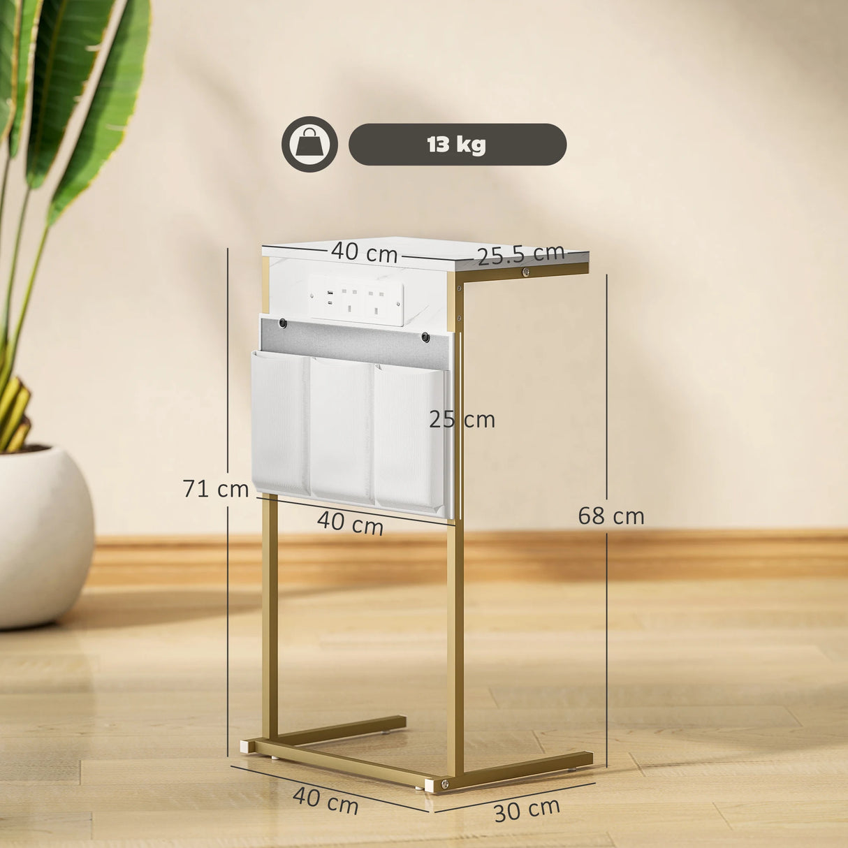 HOMCOM C-Shaped Bedside Table with Charging Station, Marble Grain Side Table with Power Outlets & USB Ports, Storage Bags, for Bedroom, Living Room, White