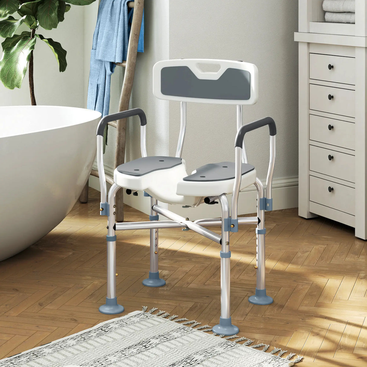 HOMCOM Shower Chair with Hygiene Cut-Out Seat and Reinforced Crossbars, Height Adjustable Padded Bath Chair with Non-slip Feet for Elderly Seniors Disabled Handicap, Tool-Free Assembly, Grey