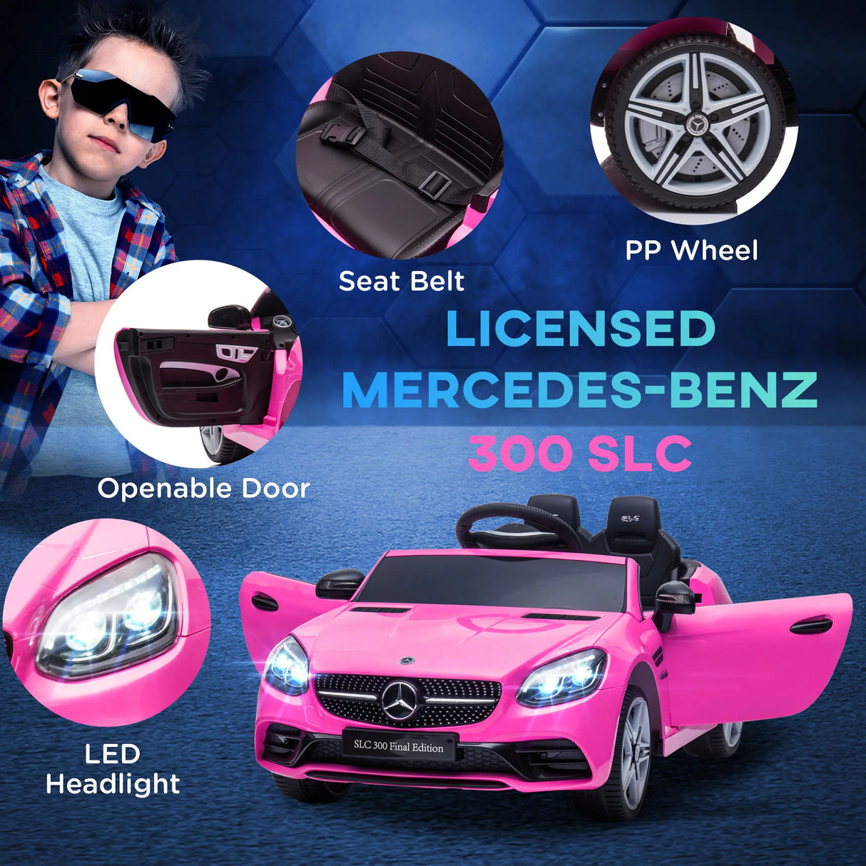 HOMCOM Benz SLC 300 Licensed 12V Kids Electric Ride On, with Music, Remote Control, LED Headlights, Horn, Pink