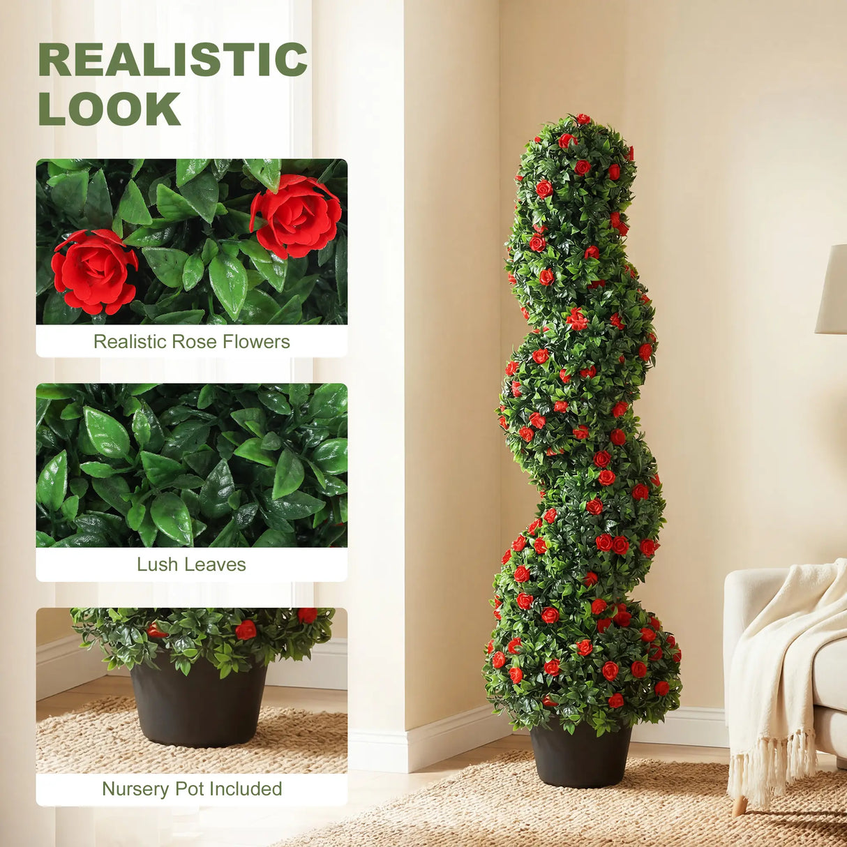 HOMCOM Artificial Rose Spiral Topiary Tree Set of 2, Indoor Outdoor Fake Plants with 630 Leaves, 90cm