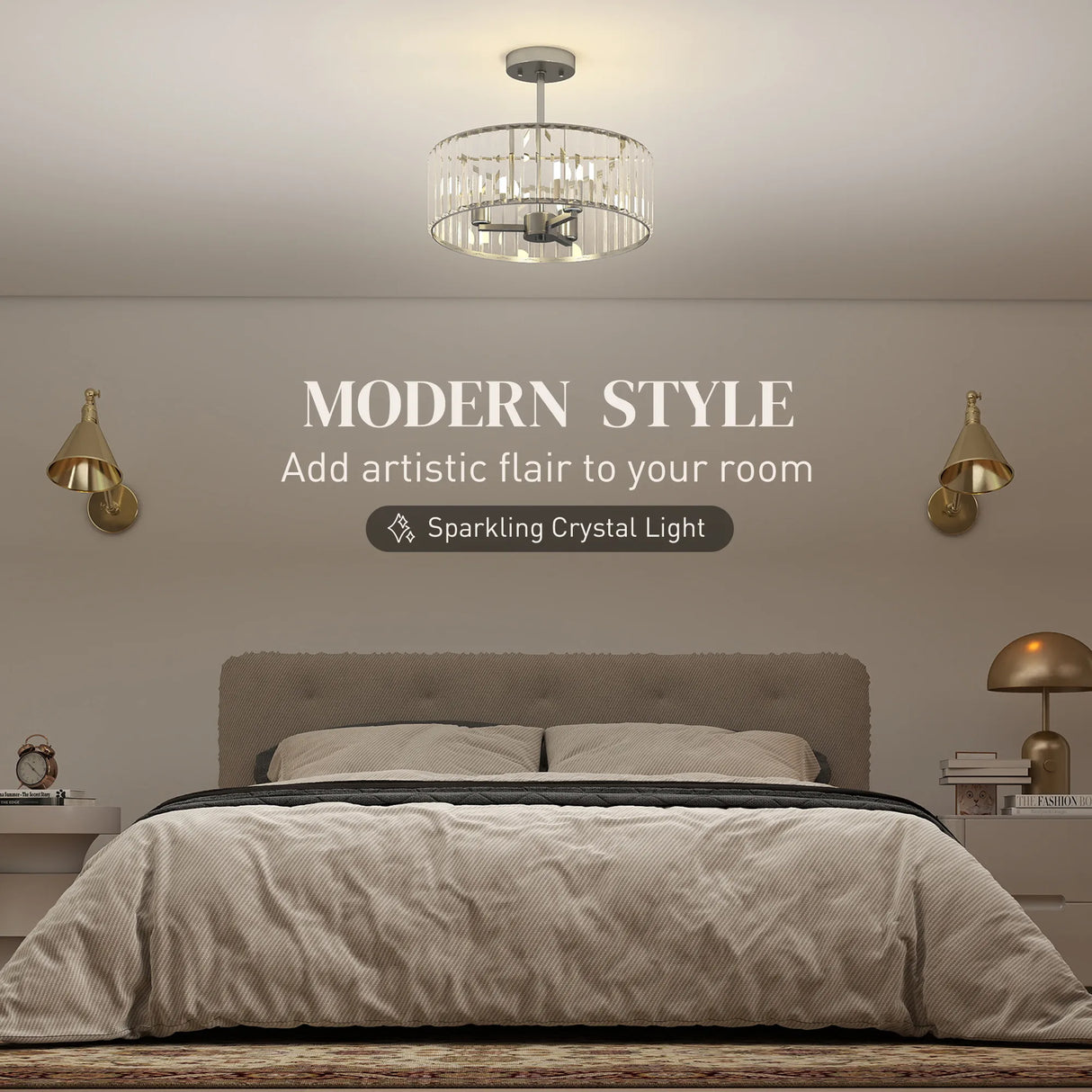 HOMCOM Crystal Ceiling Light Fixture, Semi Flush Mount Modern Crystal Chandelier Ceiling Light for Living Room, Bedroom, Hallway, Dining Room, E14 Base 3-Lights, Bulbs Not Included, Silver Tone