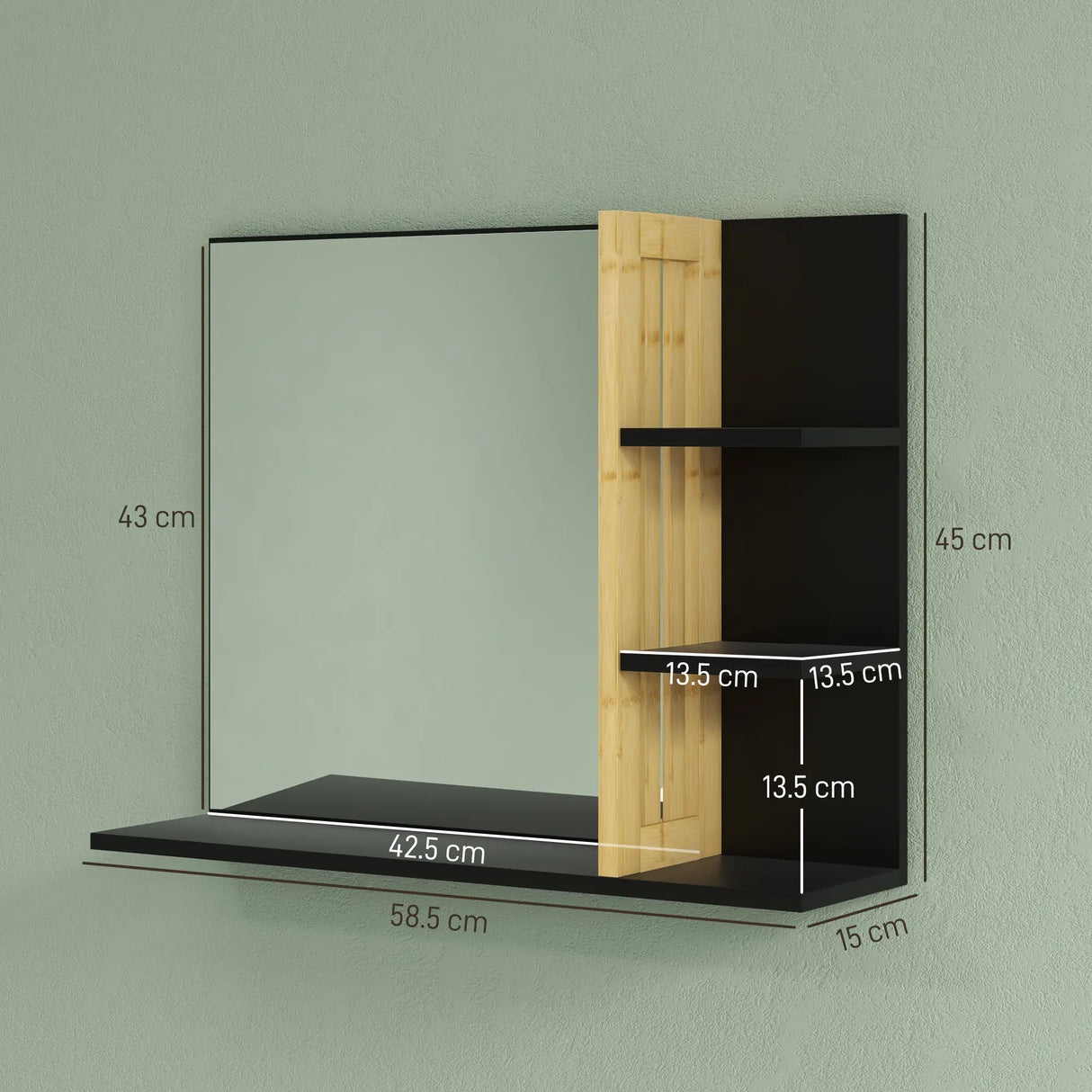 HOMCOM Bamboo Panel Bathroom Mirror, with Shelves