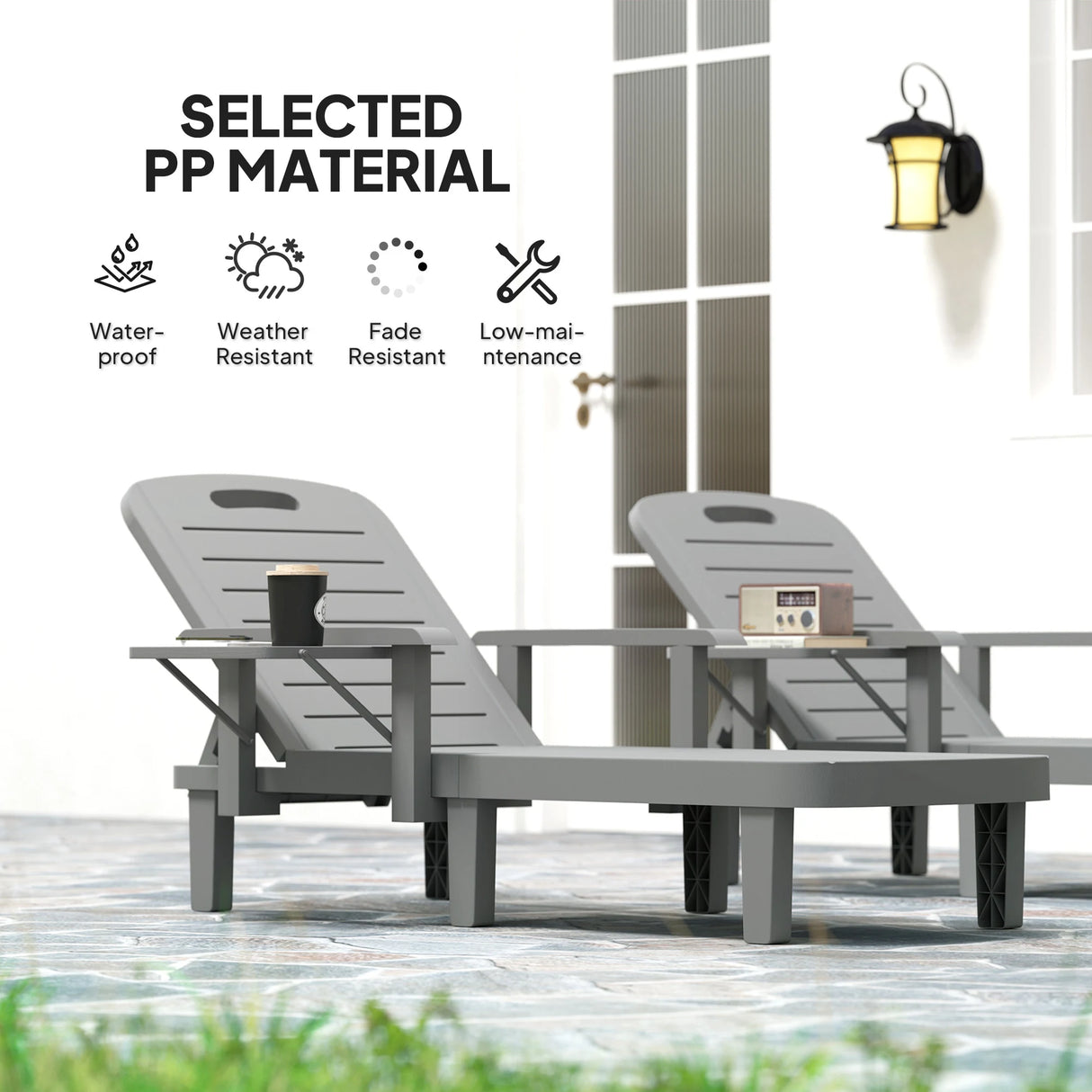 Outsunny Set of 2 Resin Reclining Sun Loungers for Garden, 5 Positions Adjustable Outdoor Chaise Lounge Chairs with Wood Texture Surface, Armrests, Foldable Side Table for Garden, Beach, Dark Grey