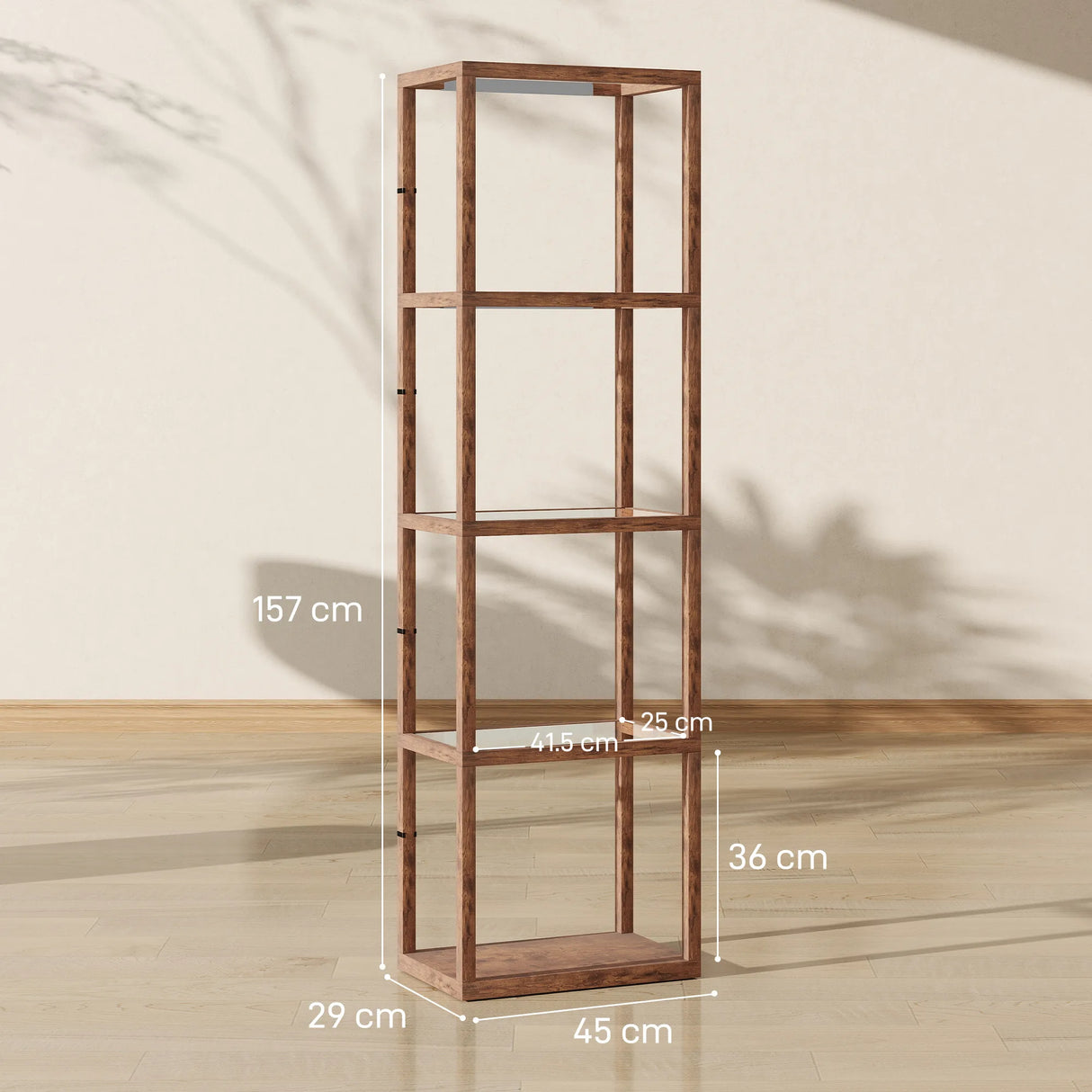 HOMCOM LED Floor Lamp with Glass Shelves, 4 Layers Dimmable Tall Standing Lamp, Modern Column Shelf Floor Light for Living Room, Bedroom, Office, Rustic Brown