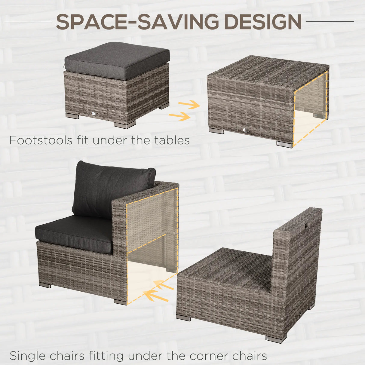 Outsunny 8 Pieces Rattan Garden Furniture Set, Garden Corner Sofa Set with 4 Chairs, 2 Footstools, 2 Coffee Tables and Cushions, Space-Saving Design, No Assembly Required, Grey